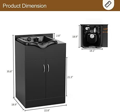 SyyBhb Black Shampoo Bowl Cabinet for Salon, Backwash Shampoo Station with Storage and Plastic Bowl - Image 3