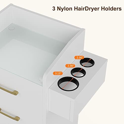 Paddie Beauty Salon Storage Trolley Cart, Glass Top Hair Station Cabinet with Dryer Holder, Lockable Rolling Wheels, Drawer - White - Image 3