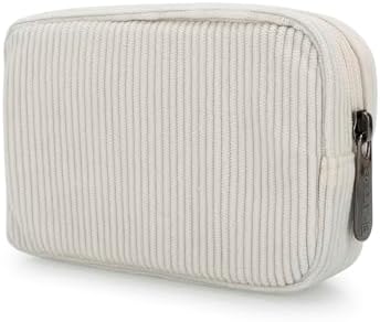 E-Tree Cute Small Makeup Bag,Cosmetic Toiletry Make up Little Items Pouch for Purse,Zipper Mini Tech Charger Cable Electronic Organizer Case,Travel Accessories for Women Men Teen,White Corduroy by E-Tree