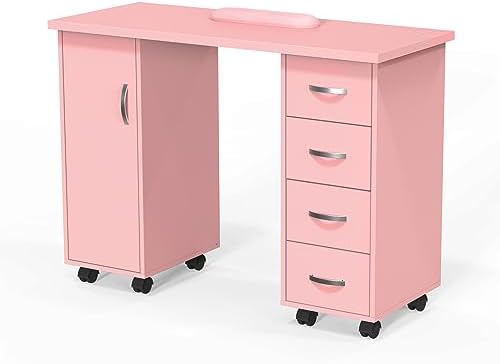 LEADZM Nail Desk for Nail Tech with Storage Cabinet, Locking Wheels & Arm Rest, Mobile Manicure Table for Technician, Nail Station for Home Studio/Spa/Salon, 43.3" L x 31.5" H x 17.7" W (Pink) by LEADZM