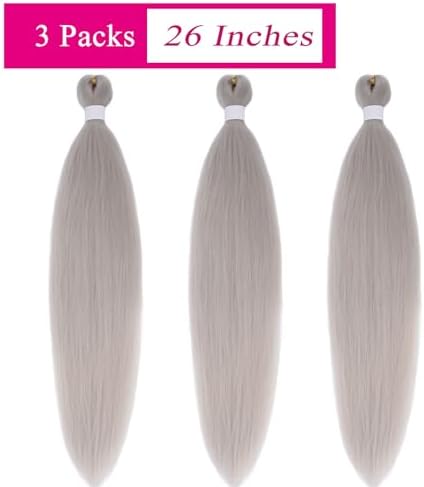 Grey Hair Extensions For Braiding 26 inch Silver Braiding Hair Pre Stretched Long Hypoallergenic Pre Sectioned Braiding Hair Knotless Crochet Braids Synthetic Hair Weave Bundles 3 Pack - Image 4