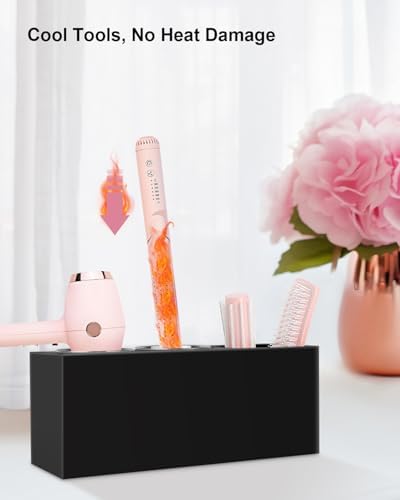 Hair Tool Organizer, Hair Dryer Holder with Heatproof Steel Cups, Acrylic Vanity Organizer for Curling Iron, Flat Iron & Hair Brushes, Perfect for Bathroom (Black, Standard) - Image 5