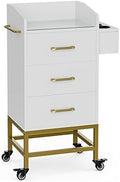 Paddie Beauty Salon Storage Trolley Cart, Glass Top Hair Station Cabinet with Dryer Holder, Lockable Rolling Wheels, Drawer - White by Paddie