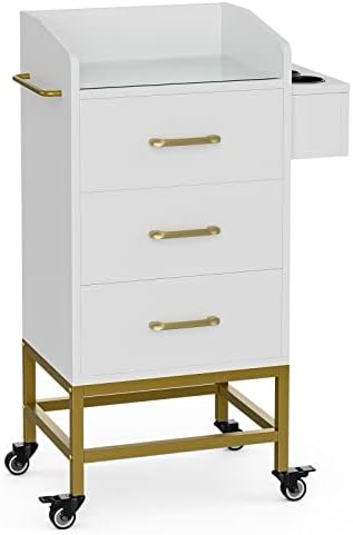 Paddie Beauty Salon Storage Trolley Cart, Glass Top Hair Station Cabinet with Dryer Holder, Lockable Rolling Wheels, Drawer - White by Paddie