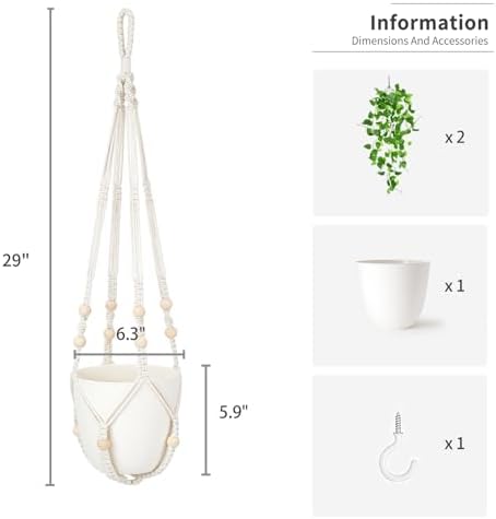 Mkono Fake Hanging Plant, Macrame Hanger with Pothos Vines & Pot, Ivory - Image 5