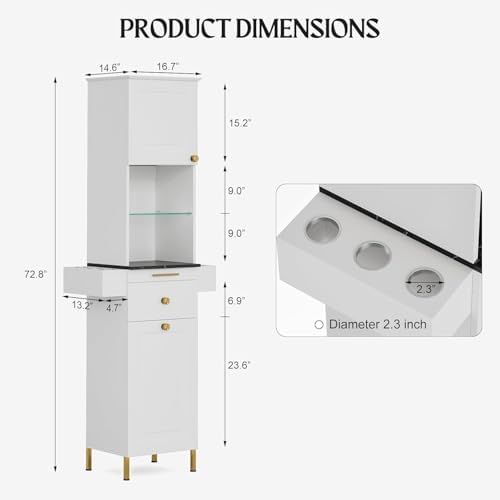 Salon Stations for Hair Stylist, Barber Station w/Glass Shelf & Golden Handles, Hair Salon Station Beauty Salon Spa Equipment w/6 Hair Dryer Holders, 2 Storage Cabinet & Drawers（White-New） - Image 3