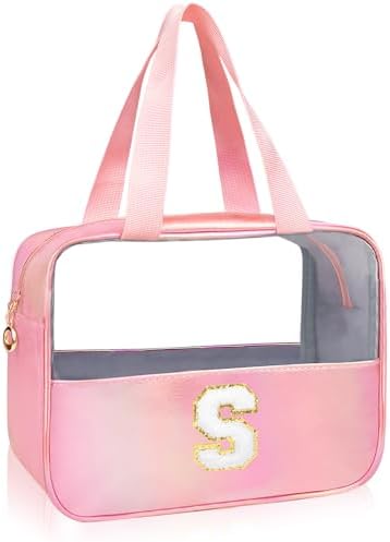 Personalized Initial Clear Makeup Bag Pink Cosmetic Bag Set Large Travel Toiletry Bag, Cute Clear Make Up Bags Organizer Bag for Girlfriend Teacher Gifts Teen Girl Gifts Trendy Stuff S (Pink) by junesters