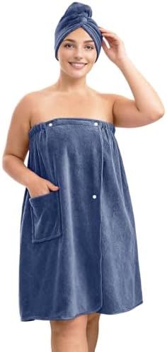 Women's Adjustable Microfiber Bath Towel Wrap with Hair Towel - Blue by NUQIN