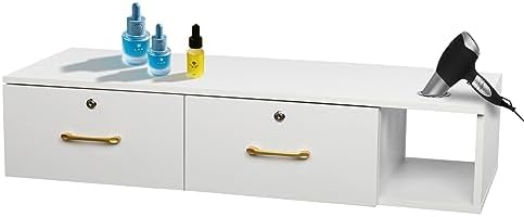 Wall Mount Styling Barber Station for Hair Stylist, Beauty Salon Spa Equipment, Salon Cabinet Station with Locked Storage Drawer, 3 Hair Dryer Holders (White) - Image 4