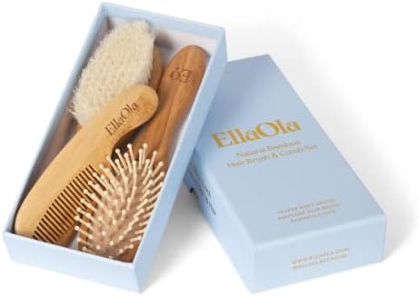 ELLAOLA Natural Bamboo Hair Brush & Comb Set, 3 Piece - Cradle Cap Brush, Massage Hair Brush, Bamboo Comb for Toddlers, Newborns & Infants I Baby Registry Gift by EllaOla
