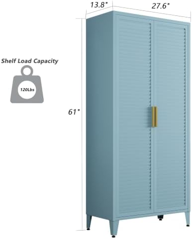 61" H Metal Storage Cabinet with Hanger Rod and 3 Shelves, Kitchen Pantry Cabinet, Tall Freestanding Utility Cupboard, Blue Steel Garage Cabinets for Tool Office Kitchen Bathroom School - Image 3
