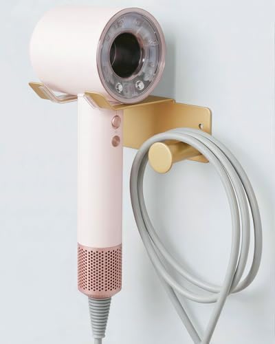 Hair Dryer Holder, Blow Dryer Holder with Cord Hook SUS304 Stainless Steel Wall Mount, Self Adhesive/Screw Space Saving Hairdryer Holder for Bathroom Gold by PTALSEAW-PortableDryerHolder