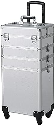 4 in 1 Rolling Makeup Train Case, Professional Aluminum Makeup Travel Organizer Cosmetic Case, Cosmetology Caboodle Case on 360° Wheels, Beauty Storage Luggage Lockable(Silver) by OmySalon