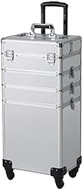 4 in 1 Rolling Makeup Train Case, Professional Aluminum Makeup Travel Organizer Cosmetic Case, Cosmetology Caboodle Case on 360° Wheels, Beauty Storage Luggage Lockable(Silver) by OmySalon
