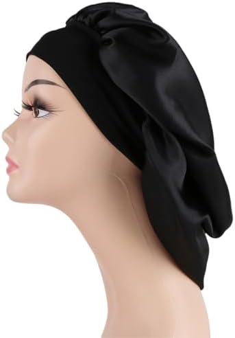 2 Pcs Extra Large Size Women Satin Bonnet Sleep Cap Silk Feeling Shower Cap Hair Scarf Wrap (Black Burgundy Hot Pink) (Black) - Image 2
