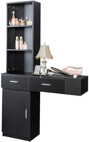 Salon Station Wall Mount Barber Station Salon Stations for Hair Stylist with Appliance Holders Hair Salon Station with Lockable Drawers Salon Cabinet with 3 Shelves for Beauty Spa (Black) by Lalurten
