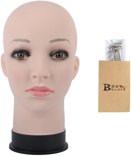 BHD BEAUTY Bald Mannequin Head Beige Female Professional Cosmetology for Wig Making, Display wigs, eyeglasses, hairs with T pins 22" by bhdbeauty