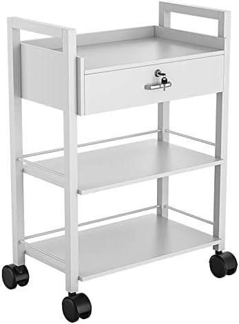 Paddie Salon Trolley Cart, Wooden Mobile Utility Cabinet Lab Cart with 1 Drawer 2 Trays, Rolling Storage Station Beauty Salon Rolling Trolley for Beauty Spa (White) by Paddie