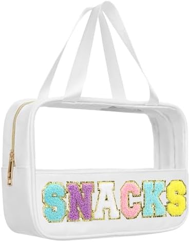 BuyCard Chenille Letter Clear Snack Bags Makeup bag, Preppy Cosmetic Bag, Nylon & PVC Waterproof Travel Pouch with Zipper & Handle, Large Capacity Toiletry Organizer Bag for Women & Girls (White) by BuyCard