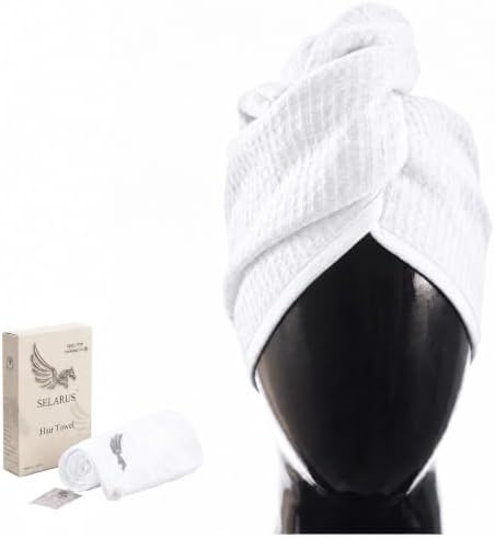 100% Turkish Cotton Hair Towel Wrap for Women,Non Microfiber,400-GSM(Grams per Square Metre),AntiFrizz,Hair Plop Waffle Towels for Curly,Long&Thick Hairs,Turban Head Wrap,1Pack10x26inc(White) by SELARUS