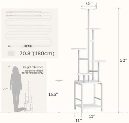 Homsorout Plant Stand Indoor with Grow Light, 6-Tiered Tall Plant Stand Indoor, Metal Plant Shelf with Hanging Basket Hook and Adjustable Light, Ideal for Living Room, Garden, Round Patio white - Image 6
