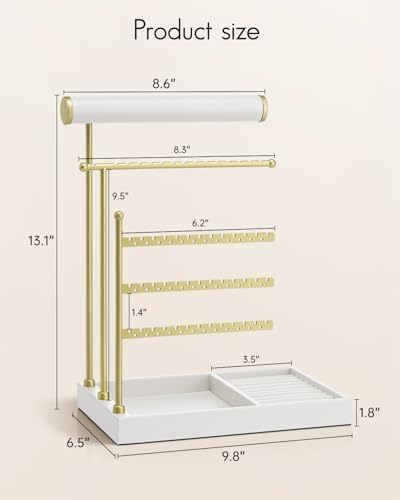 VLANDO Jewelry Stand Organizer with Ring Holder, Jewelry Holder Organizer with Tray, Necklace Holder Bracket Holder Earring Holder - White - Image 6