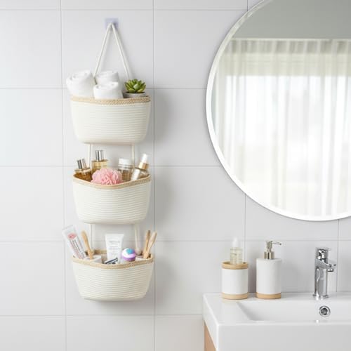 TeoKJ Over the Door Hanging Storage Basket Wall Organizer White&Light Brown - Image 6