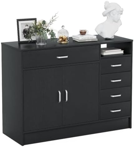 Paddie 5-Drawers Salon Station Free Standing Cabinet, Salon Furniture Hair Styling Stations w/4 Side Drawers, 1 Middle Drawer, 1 Cabinet & Open Shelf, Barber Table Hair Salon Furniture - Image 3