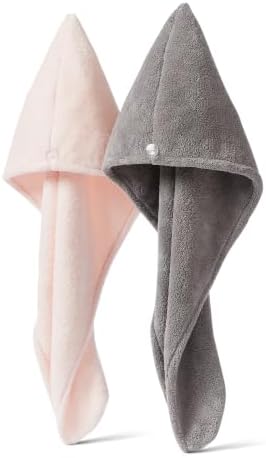 Amazon Basics Quick Dry Microfiber Hair Towel Wrap, Hair Drying Towel, Grey/Pink, 2-Pack by AmazonBasics