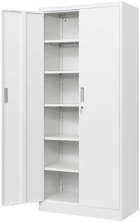 Wanfu Metal Storage Cabinet, 71”H Locking Storage Cabinet with 5 Adjustable Shelves, Steel Cabinets for Garage, Home, Office, Pantry (White) by Wanfu