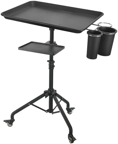 Salon Tray Cart on Wheels, Aluminum Tattoo Tray with Storage Platform, Adjustable Height Service Rolling Tray, Storage Tray Accessory for Salon Spa Dental Use, Rolling Tray Cart by LWADALN