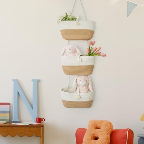 TeoKJ Over the Door Hanging Baskets with Wooden Button, 3-Tier Wall-Mounted Decorative Nursery Kitchen Baskets, White & Jute - Image 3