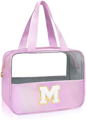 Personalized Initial M Clear Purple Makeup Bag - Large Travel Toiletry Bag, Cute Cosmetic Organizer Set for Girlfriend, Teacher, Teen Girl Gifts by junesters