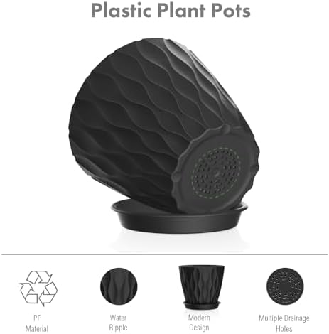 Meowell 4 inch Small Plastic Nursery Pots, Seedling Pots, 5 Set Water Ripples Plant Pots for Indoor Plants, Flower Pots with Drainage Holes and Saucers, Seed Starter Pots for Succulent Plants, Black - Image 3
