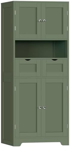 Iwell 58" H Tall Bathroom Storage Cabinet with 2 Drawers & 2 Adjustable Shelves, Bathroom Cabinet with 4 Doors, Tall Cabinet for Living Room, Dining Room, Entryway, Forest Green by IWELL