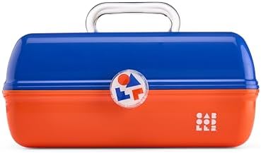 Caboodles School Spirit On-The-Go Girl Makeup Box, Blue Over Orange, Hard Plastic Makeup Organizer Box, Built-In Mirror, Secure Latch for Safe Travel, Spacious Storage for Large Items by Caboodles