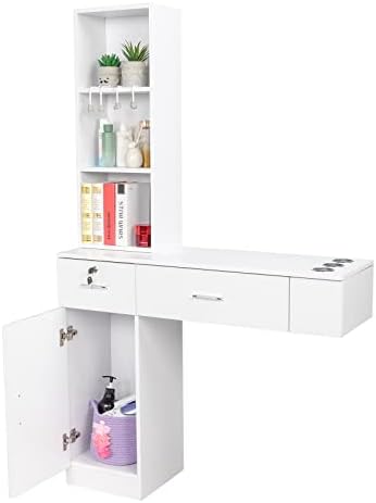 OmySalon Wall Mount Barber Stations, Salon Stations for Hair Stylist, Hair Styling Equipement Set with a Storage Cabinet, 2 Drawers and a 3 Tier Shelf (White) by OmySalon