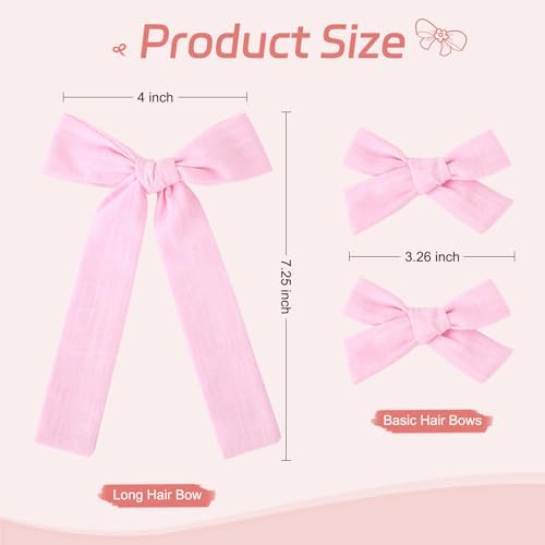 DEEKA Light Pink Cotton Linen Hair Bows 2 Sizes 5"&3.5" Soft Hair Bow set for Toddler Girls Long Ponytail Knot Bows Alligator Clip Hair Accessories for Little School Girls (Light Pink) - Image 3