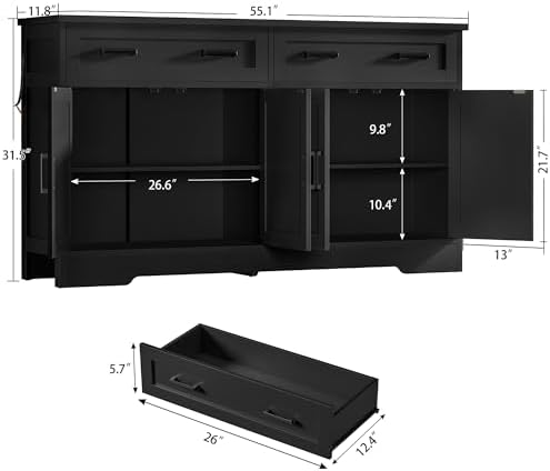 usikey 55" Buffet Cabinet with Storage and Drawers, Large Sideboard Buffet Cabinet with Adjustable Shelves and Doors, Modern Coffee Bar for Kitchen, Living Room, Black - Image 2