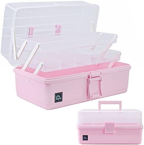 Creahaus 13 inch Art Craft Organizer Storage Box with 3 Layer, Multipurpose Plastic Tool Box with Handle for Sewing, Art Supply, Medicine, Nail, Hair Accessories (Pink) by Creahaus