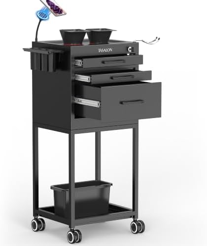 TASALON Salon Trolley Cart with Wheels, Lockable Metal Rolling Cart with Drawers, Magnetic Bowls & Phone Holder, Mobile Storage Organizer for Hair Stylist, Barber & Tattoo Supplies, Black by TASALON