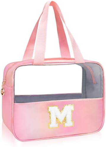 Personalized Initial Clear Makeup Organizer Large 9.13x3.54x6.89 Letter M Pink with Golden Chenille - Waterproof PU Leather Travel Cosmetic Case for Women Teen Girls by junesters