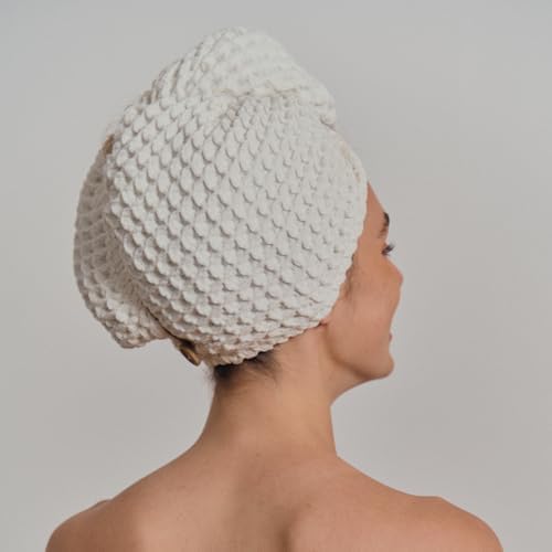 Luxury Organic Japanese Cotton Hair Drying Waffle Towel Wrap for Women | Absorbent, Quick-Dry Head Turban for Shower, Sauna, Spa | Extra Large for Long, Curly, Straight Hair With Button (White, 2 Pc) - Image 3