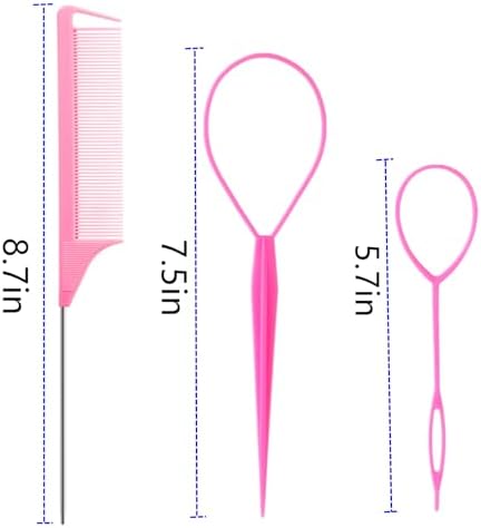 Luumxai 9pcs Topsy Hair Tail Tool and rat tail comb set,6pcs French Braiding Tool ring,3Pcs Metal Parting Combs,Woman Girl Hair Styling (Pink,Purple, Black) - Image 7