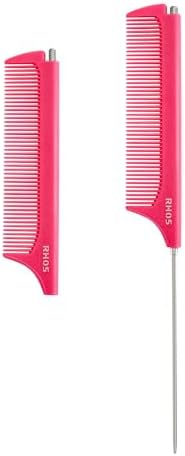 RHOS Retractable Fine Tooth Comb for Hair Parting, Styling, Cutting and Braiding - Carbon and Stainless Steel Pin Tail Comb (Pink) by RHOS
