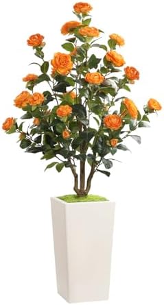 Romantic Season 4FT Artificial Camellia Tree with White Tall Planter, Orange Faux Camellia Plant Flower Tree for Modern Home Office Living Room Floor Décor Outdoor Indoor，Orange by RomanticSeason