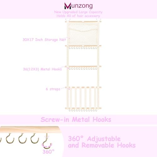 Munzong Bow Holder for Girls Hair Bows 52x17 inch, Beige Bow Clip Organizer - Image 3