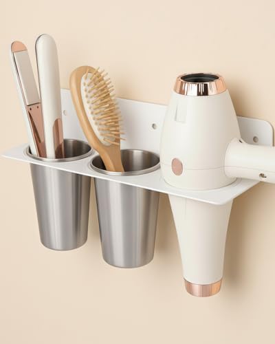 Hair Tool Organizer Wall Mount, Stainless Steel Hair Tool Holder with 2 Heat-Resistant Cups, Curling Iron Holder for Vanity, Hot Tools Organizer with PVC Ring,Hair Dryer Holder for Bathroom, BANJEKT by BANJEKT
