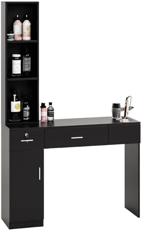 OmySalon Salon Stations for Hair Stylist, Locking Barber Station Organizer, Wall Mount Hair Styling Equipment with 2 Drawers, 1 Storage Cabinet, 3 Open Shelves, for Beauty Spa Hairdresser, Black by OmySalon