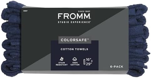 Fromm ColorSafe 100% Cotton Bleach Proof Salon Hair Towels for Hairstylists, Barbers, Spa, Gym in Navy, 16" by 29", 6 Count Absorbent Stain Resistant Towels for Drying Curly, Long, Wavy Hair by Fromm